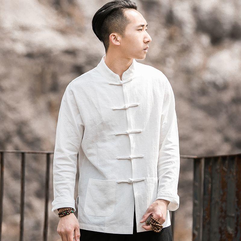 Camicia da Uomo Stile Cinese Retro Tuta Tang - Top a Maniche Lunghe in Lino Cotone