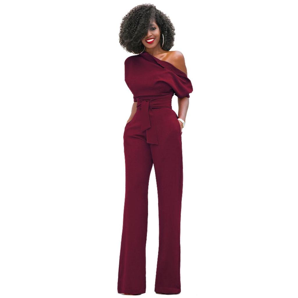 Pantaloni a gamba larga della tuta abbottonata con colletto inclinato in tinta unita alla moda da donna a 7 colori