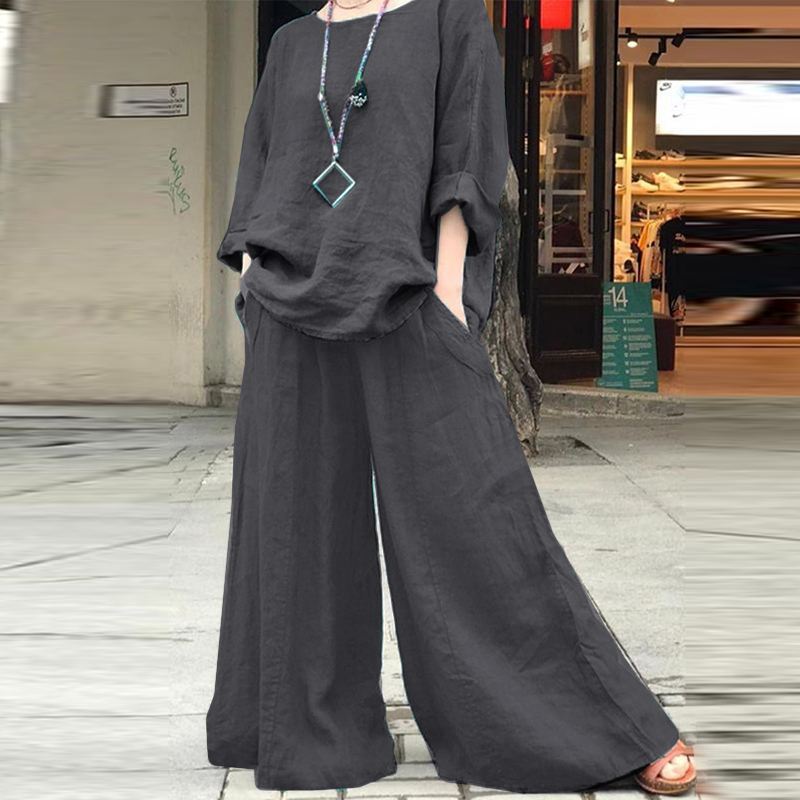 Women's Casual Cotton Linen Set Women's O Neck Long Sleeve Blouses Wide Leg Pants Culottes 2piece Sets Autumn Retro Loose Female Suit