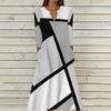Women's Summer Casual V-Neck Button Retro Geometric Print Three-quarter Sleeve Long Dress With Pockets