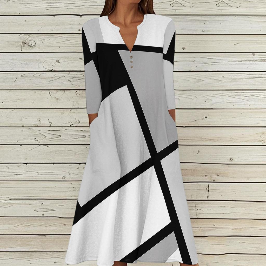 Women's Summer Casual V-Neck Button Retro Geometric Print Three-quarter Sleeve Long Dress With Pockets