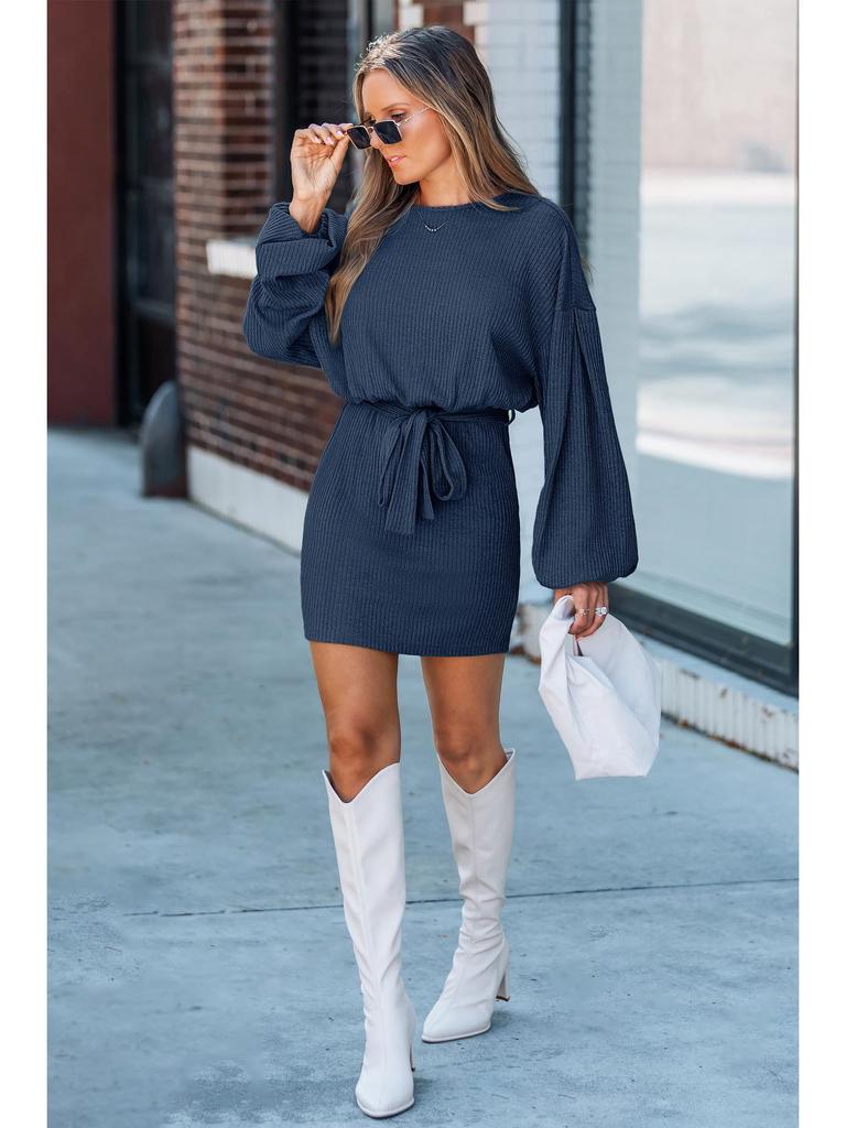 2026 Spring/Autumn Women's Long Sleeve Ribbed Knit Dress with Belt - European & American Style