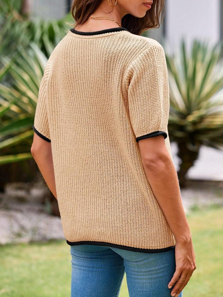 Women's Color Block Puff Sleeve Knit Sweater Crew Neck Ribbed Going Out Top
