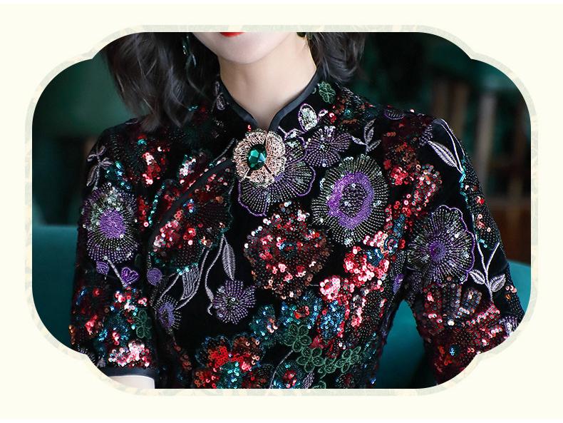 Women's Retro Chinese-Style Autumn Cheongsam with Embroidered Sequin Details