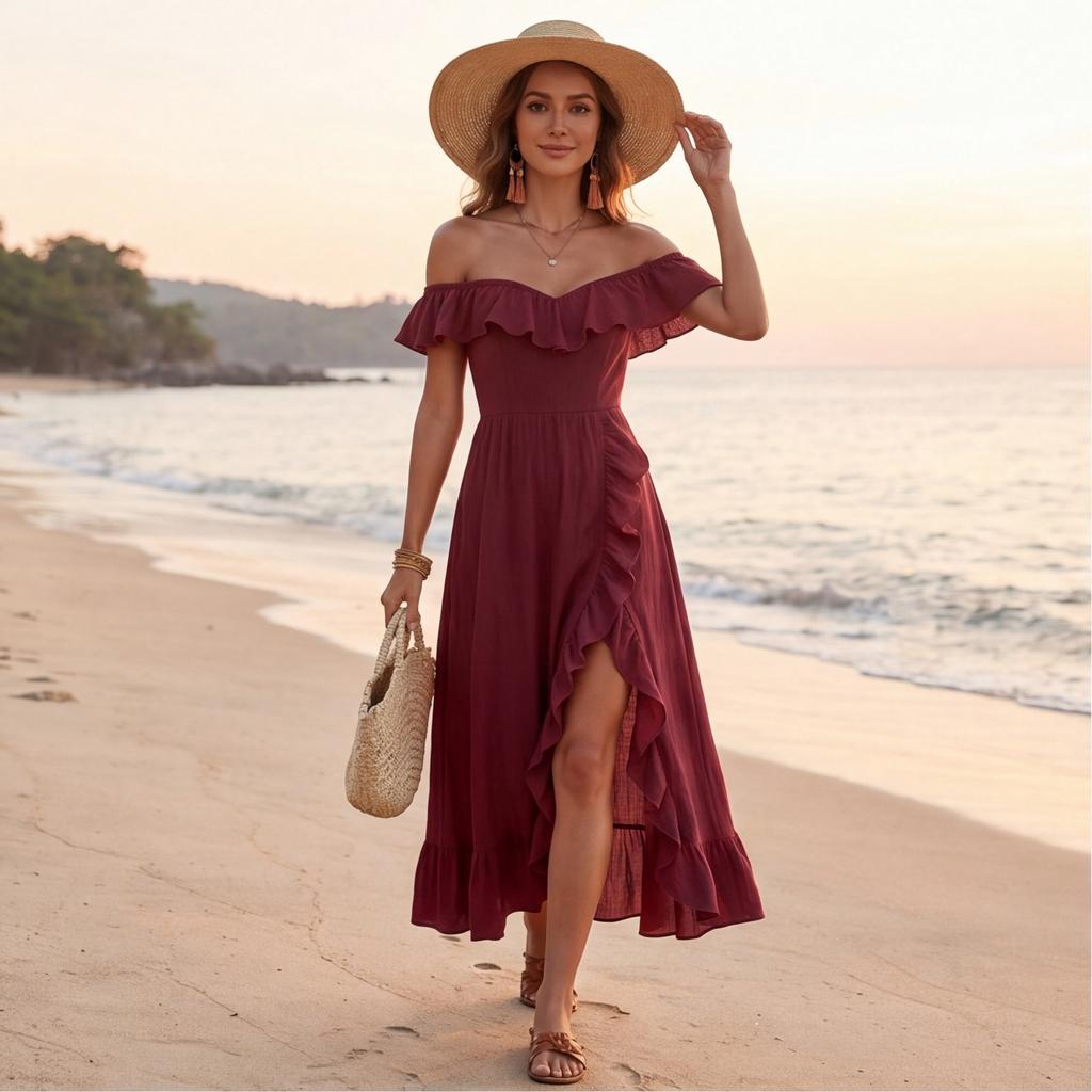 Women's Fashionable Sexy Ruffle Edge French One Shoulder Temperament Vacation Loose Dress