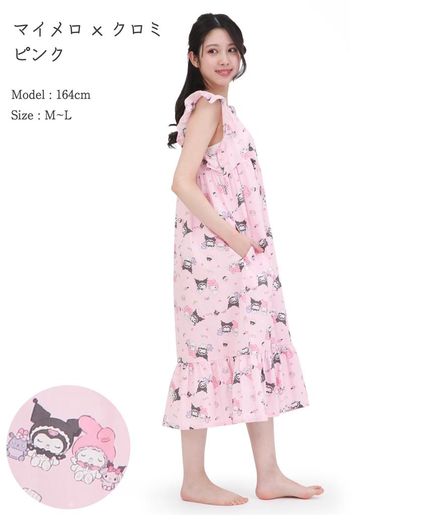 SAZAC Angel My Melody x Kuromi Cotton Dress, 100% Broadcloth, Women's Nightgown/Loungewear (Pink/M-L/SAN1948)