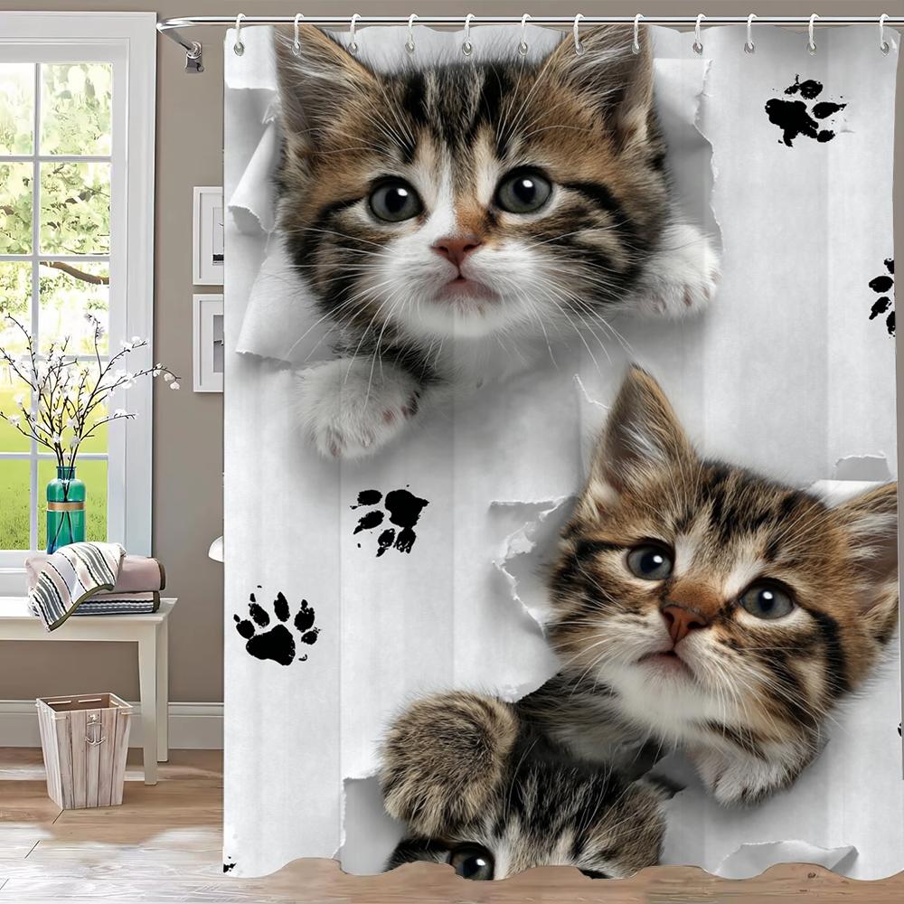 1pc Creative and Interesting Cat with Holes Shower Curtain Bathroom Curtains With Hooks,Printed Curtain Home Decoration Curtain