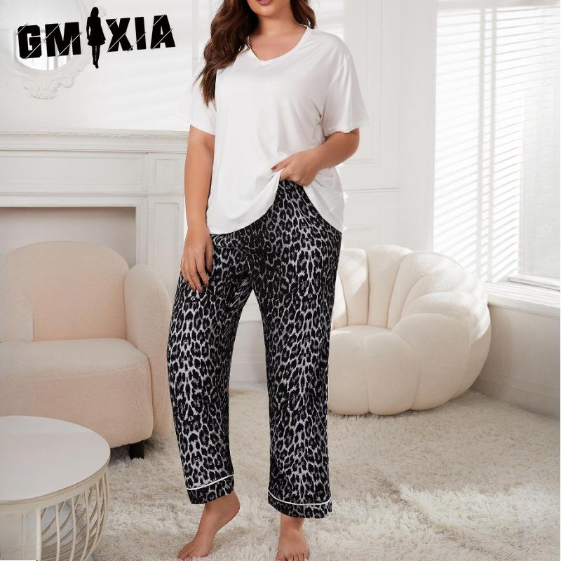 

GMXIA Пижама женская летняя больших размеров с леопардовым принтом, с короткими рукавами и брюками, домашняя одежда XXXXL чёрный/белый