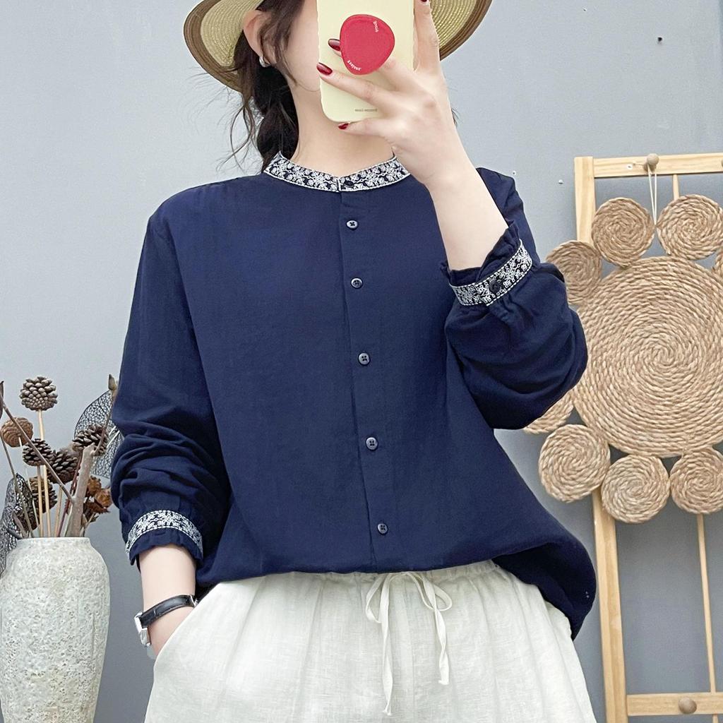 Women's Long Sleeve Stand Collar Embroidered Cotton Gauze Shirt - Ethnic Style, New Chinese Trend