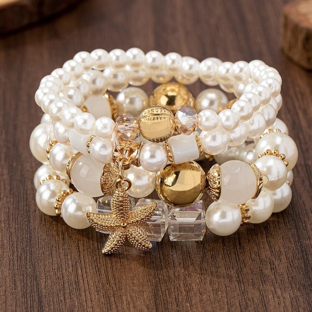4pcs/set Bohemia Style Simulated Pearl Bracelets Adjustable Multilayer Hand Chain Vacation Wear