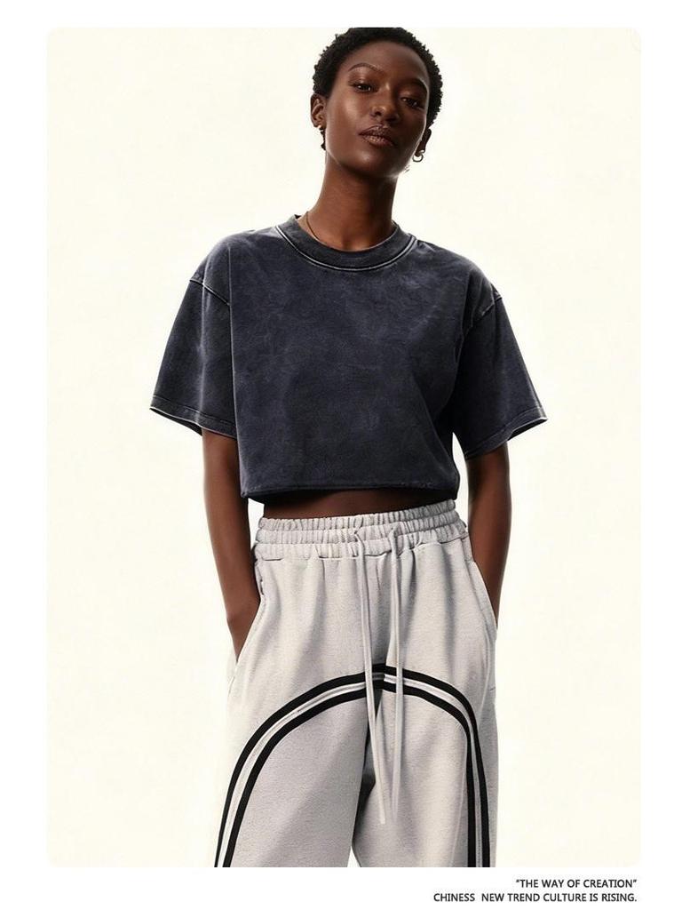 Women's Washed Vintage Cropped T-shirt: Heavyweight 230g Pure Cotton, Retro Loose Fit, Short Sleeve Waist-Length Top
