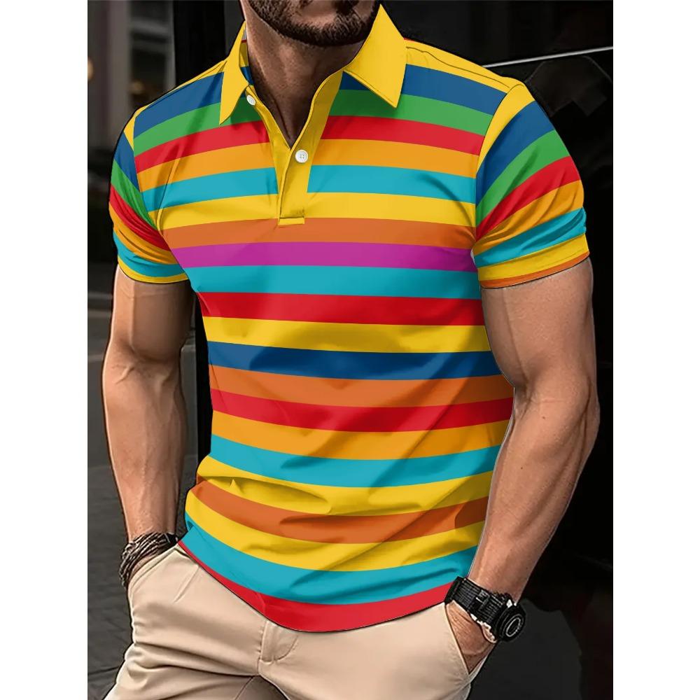 Men s 3D Digital Printed Casual Golf Shirt - Striped Contrasting Design S