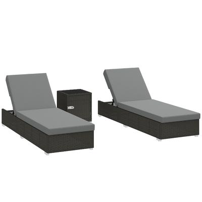Set of 2 Rattan Garden Loungers with Side Table and Adjustable Backrest. 184x60x22cm. Dark Grey