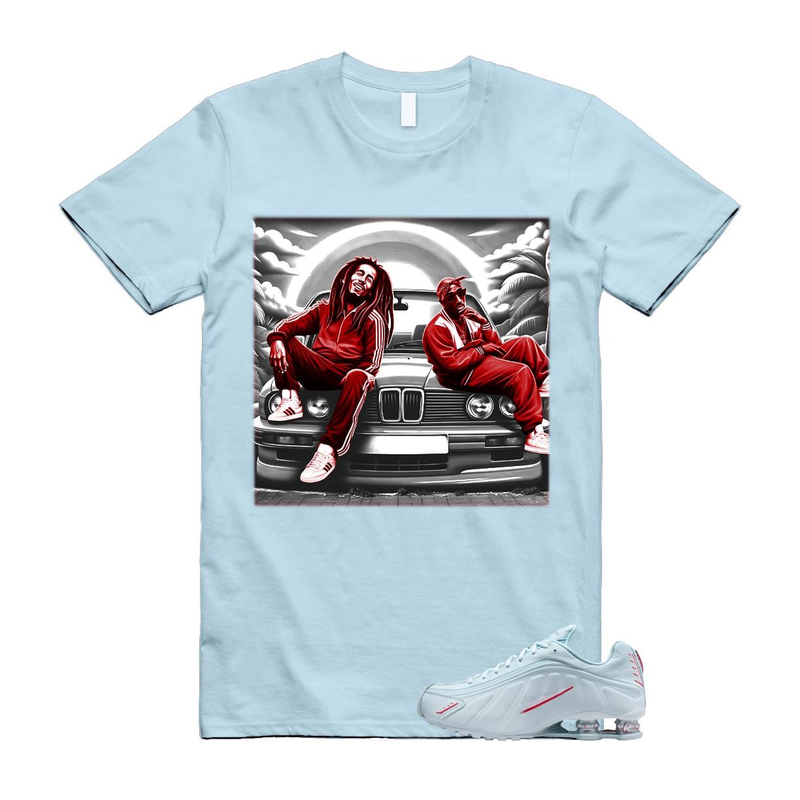 Shox R4 Puerto Rico Glacier Blue White University Red T Shirt Match BOB PAC 4XL