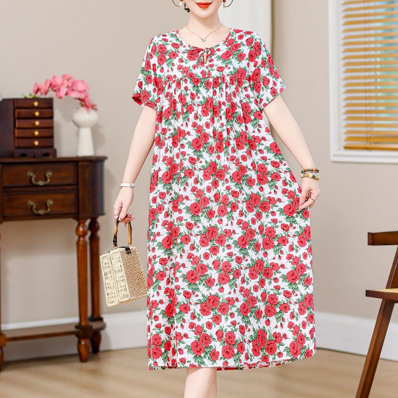 Plus Size Elegant Loose Dresses for Women Oversize Short Sleeve Vintage Print Long Dress Casual Middle-aged Women's Clothing