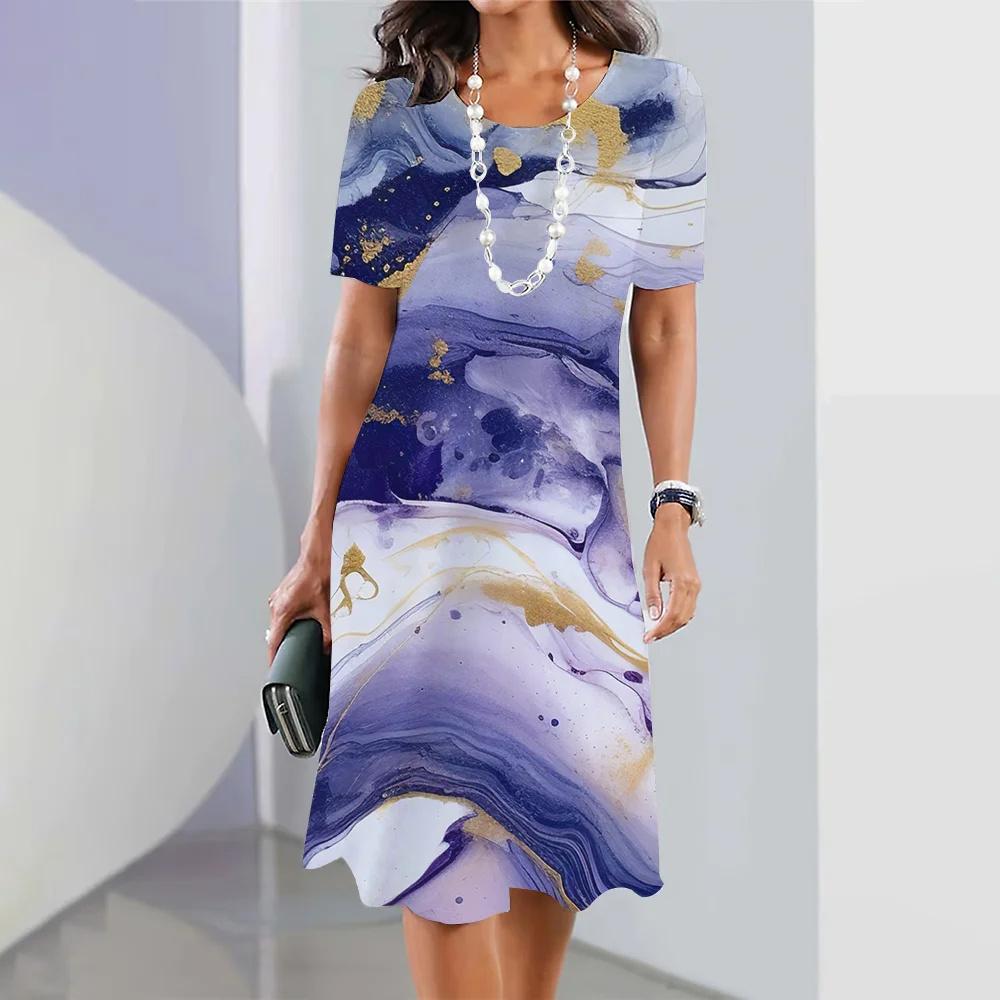Fashion Women's Clothes Striped Printed Dress Women's Elegant and Cute Party Dress Summer Short-sleeved Pullover Color Impact Dress