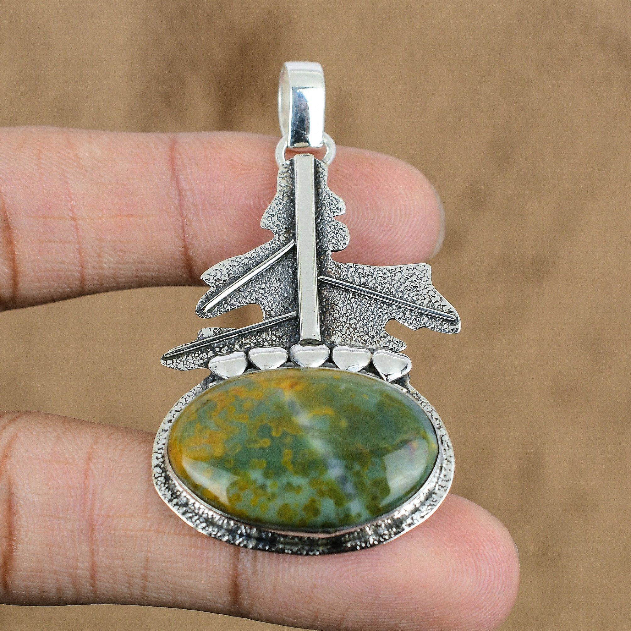 

925 Sterling Silver Oval Ocean Jasper Stone Sister Elegant Anniversary Pendant