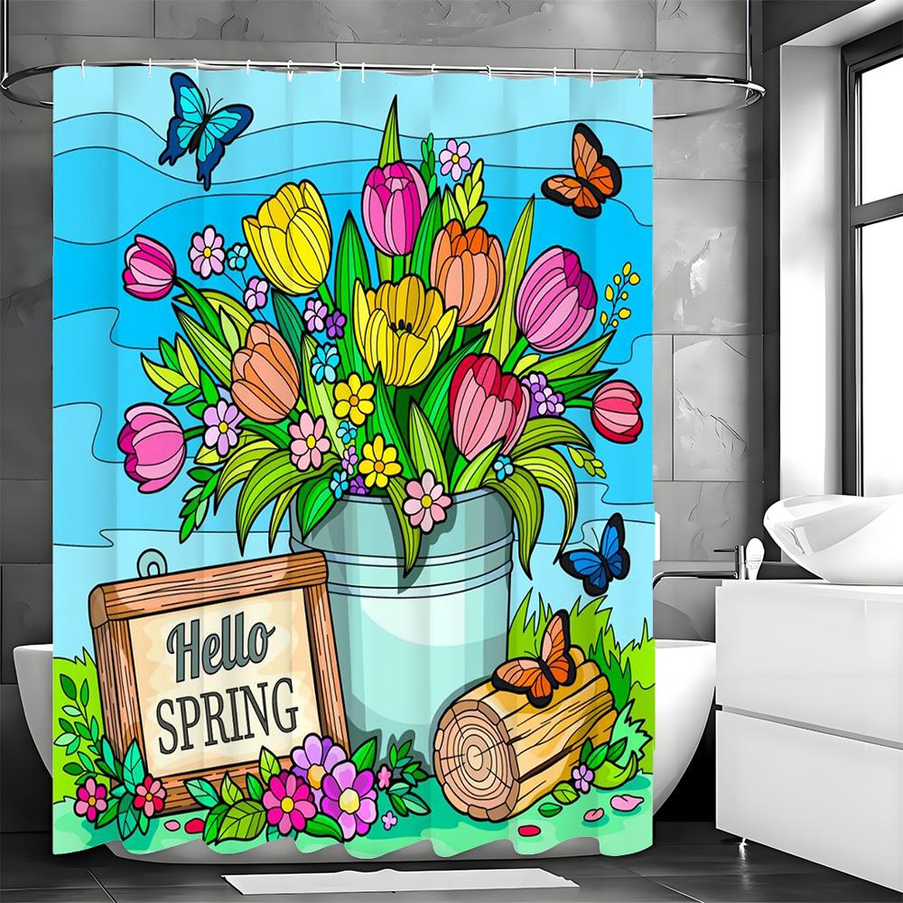 Spring Flower Butterfly Shower Curtain, Bathroom Decorative Shower Curtain, Waterproof Shower Curtain with Hooks