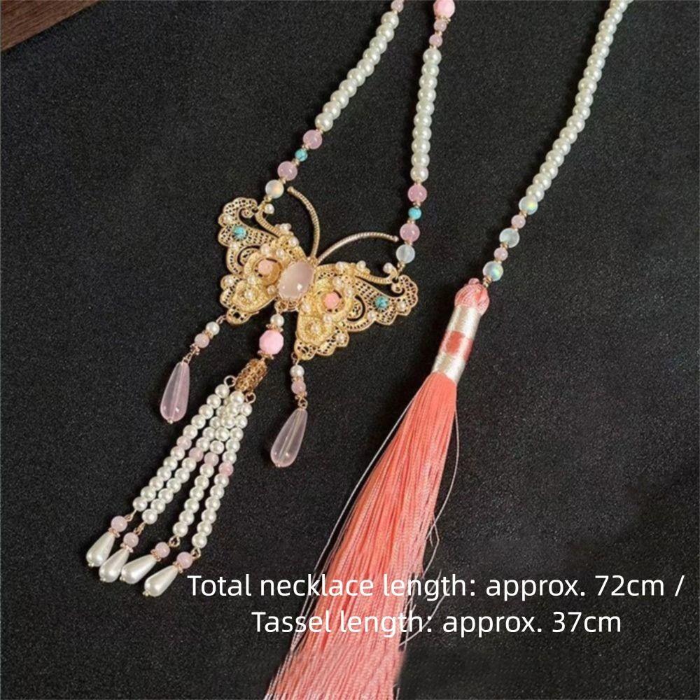 Retro Butterfly Necklace Fringed Chinese Style Necklace Pearl Pendant Necklace  Hanfu Costume
