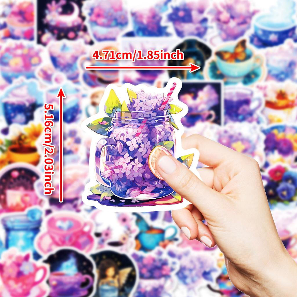 50PCS Dreamy Purple Tea Cup Stickers, Fantasy World Graffiti Decals for DIY Decoration & Journal