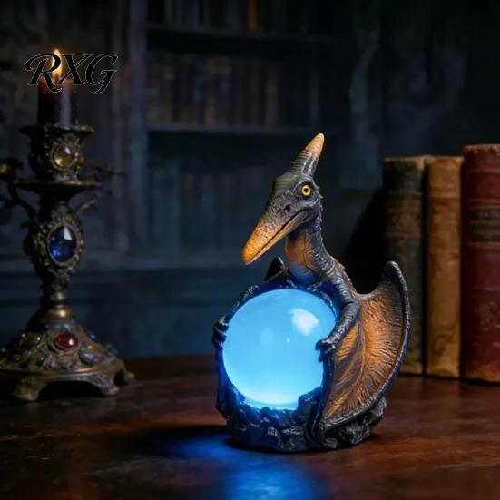 Hand-painted Dragon Lamp Pterosaur Night Light, Resin Gothic Table with Glowing Faux Crystal Bedroom Lighting Ball, Fantasy Desk Decor for Office,
