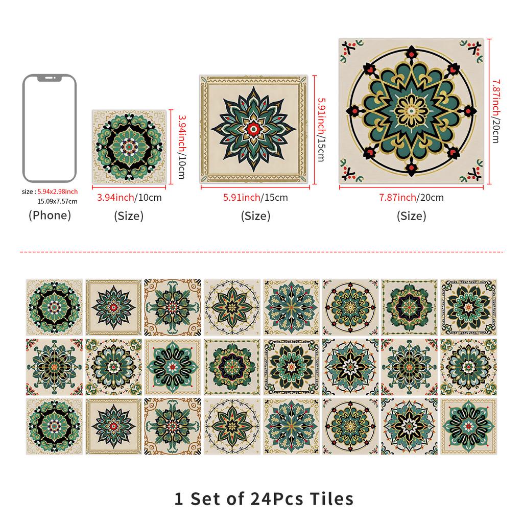 European Crystal Mandala 24 Pieces Self-Adhesive Wall Sticker, Waterproof Kitchen Bedroom Tile Sticker Pvc Wallpaper