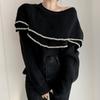 Fashion Trend French Retro Double-layer Ruffle Edge Off-the-shoulder Design Sense Long-sleeved Knitted Sweater Women's Trend