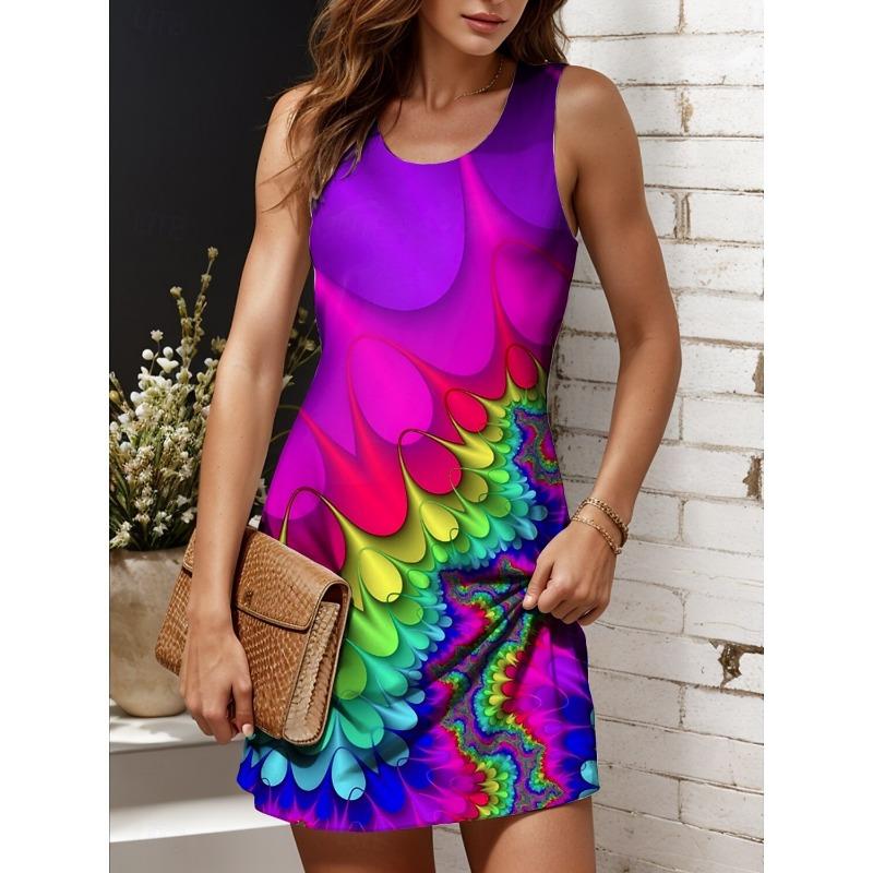 Women's Off Shoulder Ombre Abstract Print Mini Dress, Sleeveless Crew Neck A-Line Casual Spring Summer Vacation Dress