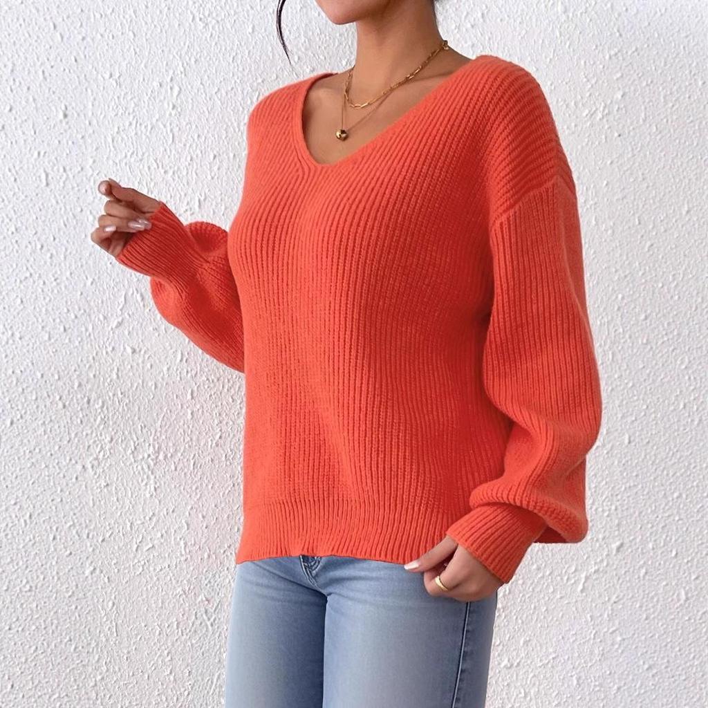 Solid-color Sweater for Autumn and Winter, V-neck Casual Pullover Top, Loose Sweater for Women