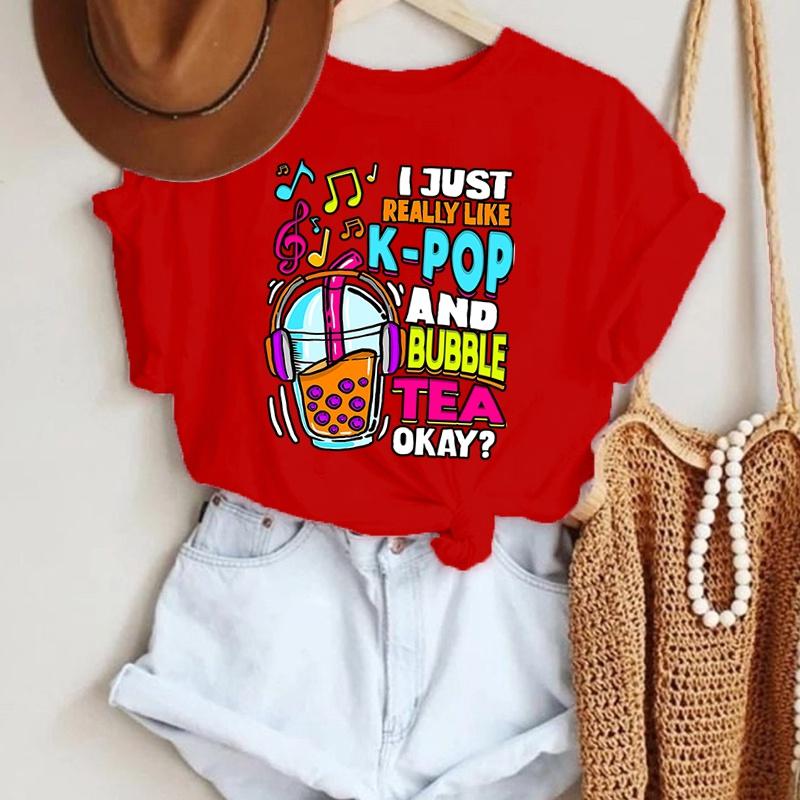 I Just Really Like K-Pop And Bubble Tea Okay Printing T-Shirt Fashion Unisex Short Sleeve Summer Cool Hip Hop Top Tee