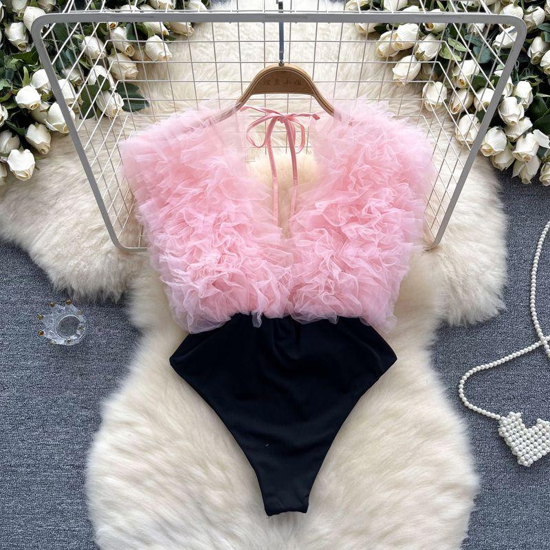 

European and American Sexy Three-Dimensional Flower Patchwork Jumpsuit Women s Stage Performance Dancing Clothes Pure Desire Sexy Base Tops Pink M