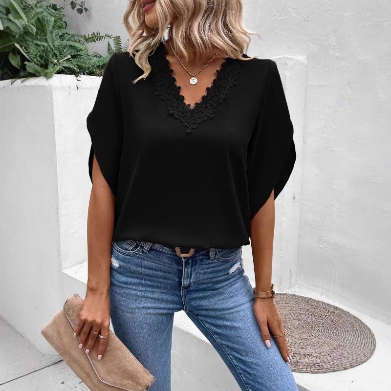 Women S Summer Solid Lace V Neck Flare Sleeve Loose Blouse S чёрный