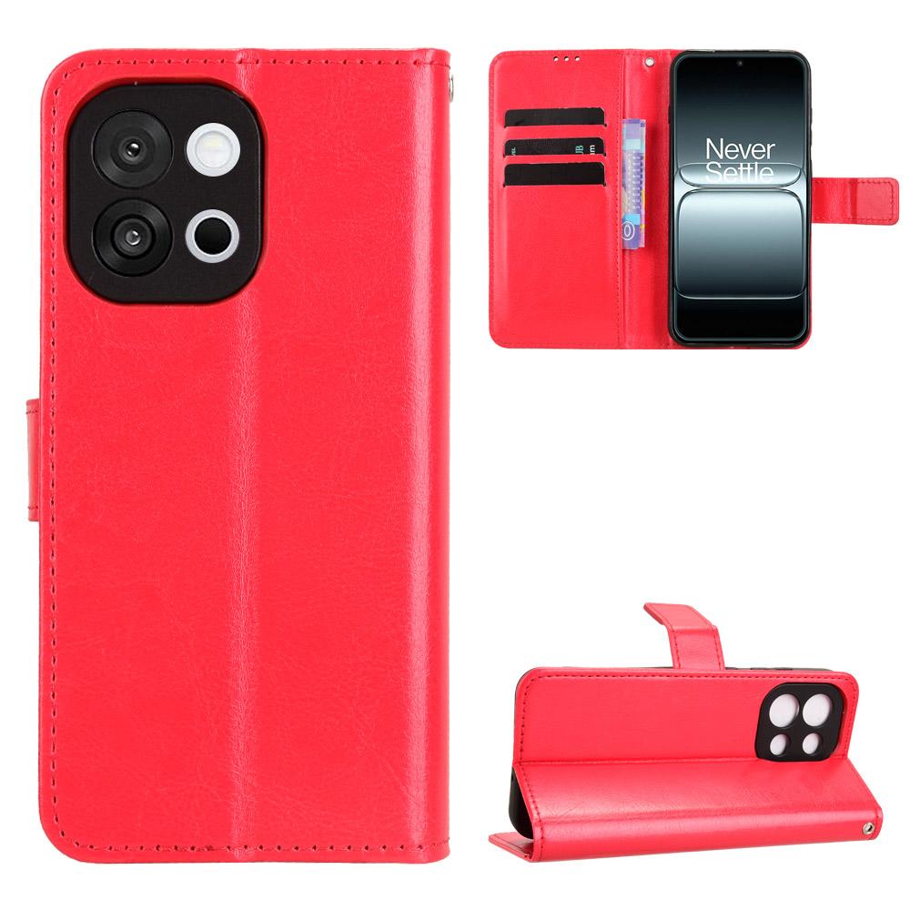 

For OnePlus 13T 5G PU Leather Case with Strap Crazy Horse Texture Phone Wallet Cover Red