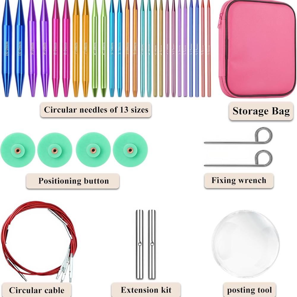AIYUNDI 13 Pairs Interchangeable Circular Knitting Needles Set, 3.0mm - 10.0mm, Aluminum Lightweight, Durable, Perfect for Knitting Projects, Beginner