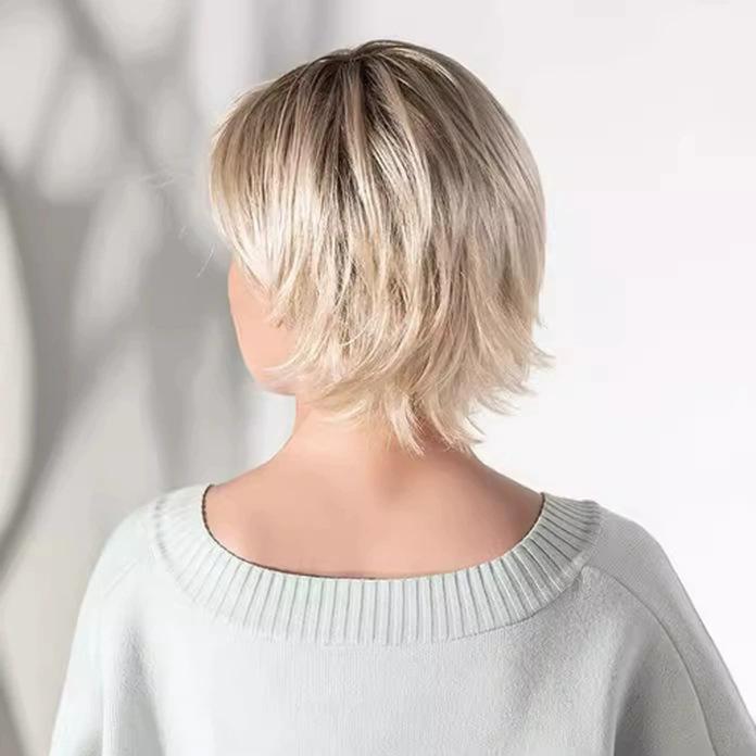 Women’s Short Curly Gradient Blonde Wig with Side Bangs Flipped Style Synthetic Wig