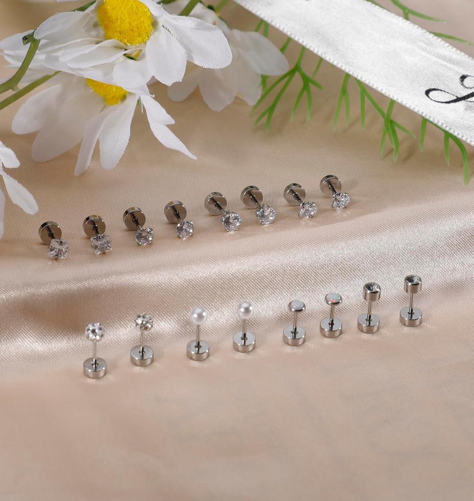 8 Pairs Flat Back Stud Earrings Sets for Multiple Piercing Small Silver Flat Back Surgical Steel Tiny Ball Pearl Cubic Zirconia