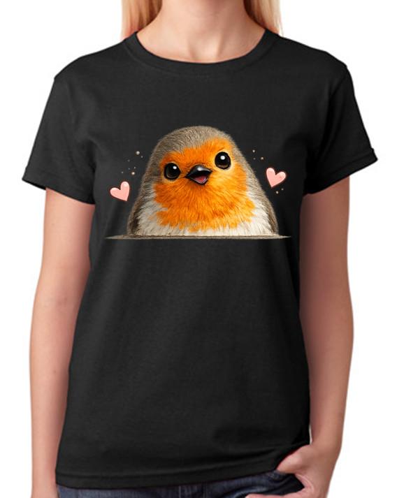 Cute Robin Chick Illustration Ladies T-Shirt Adorable Bird Art Tee 3XL
