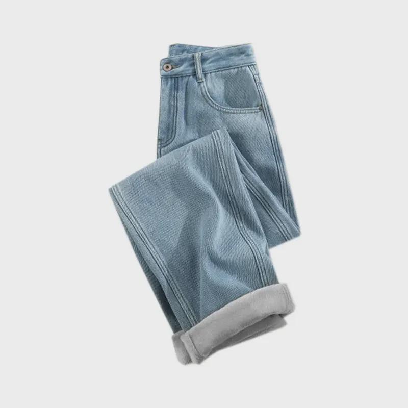 Women's Plush Wide-Leg High-Waist Warm Jeans for Autumn/Winter - Thick, Slim, Loose-Fit Long Pants.