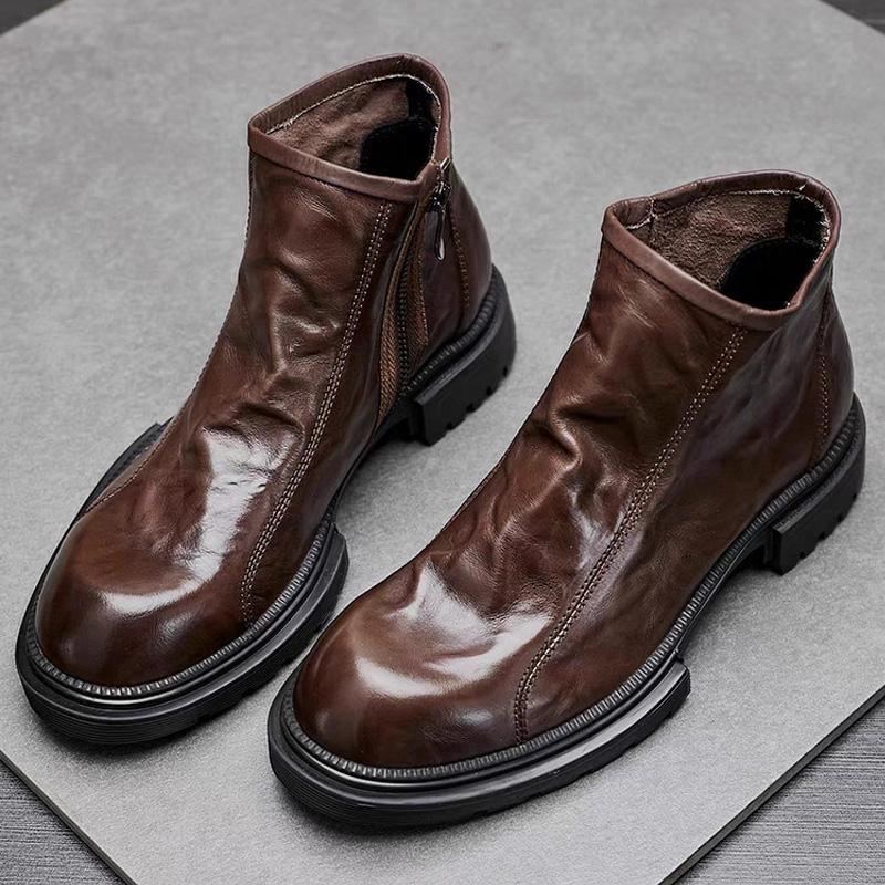 Thick Soled Men's Boots Side Zippers Leather Boots Men's Chelsea Boots Trendy Luxury Handmade Black Leather High-Top Men's Shoes