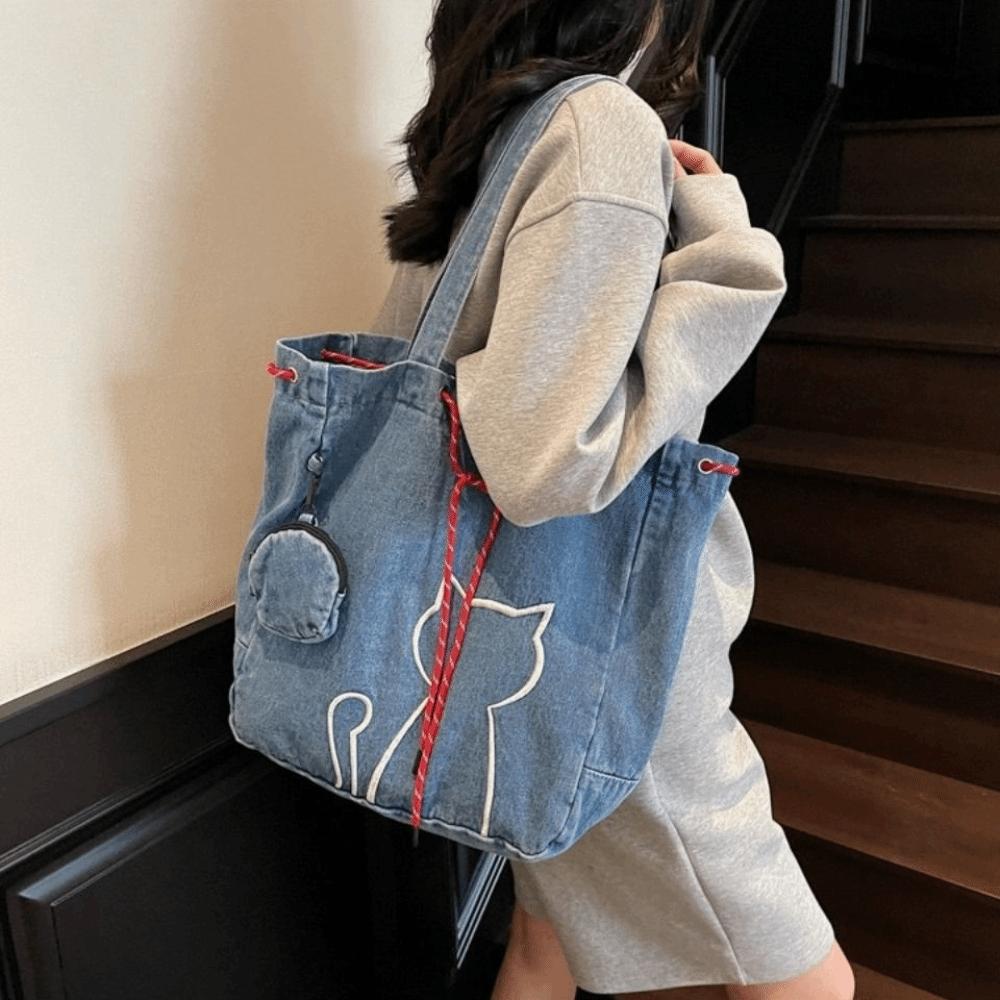 Y2k Kitty Shoulder Bags Vintage Drawstring Bag Leisure Women Tote Bags  Commuting