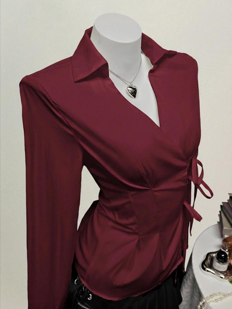 In Stock - European & American Casual Waist-Cinching Solid Color Women's Shirt