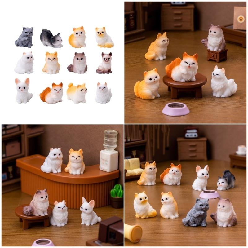 12PCS Simulation Resin Cats Model Figurine Safe Desktop Ornament Accessories For Creative Garden Landscape Display
