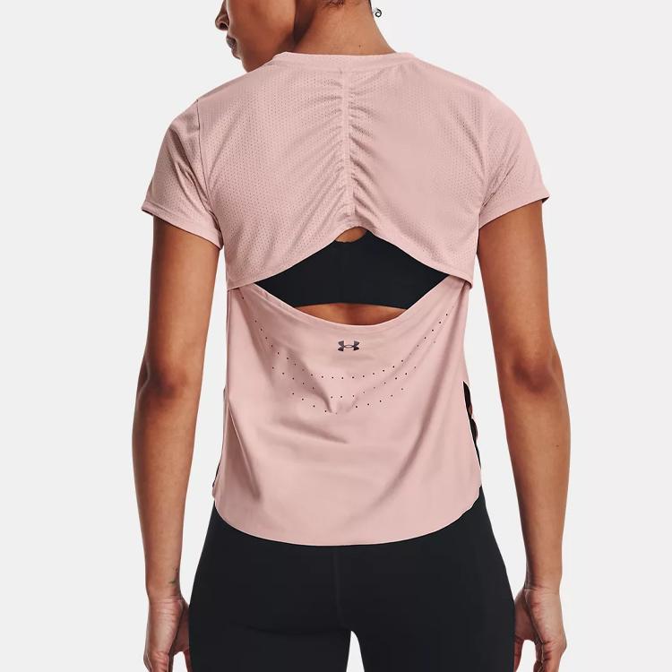 Under Armour Jednobarevná záda, dutý potisk, síťovina, prodyšné, běžecké tričko s krátkým rukávem, dámské topy, starorůžová 1369800-676