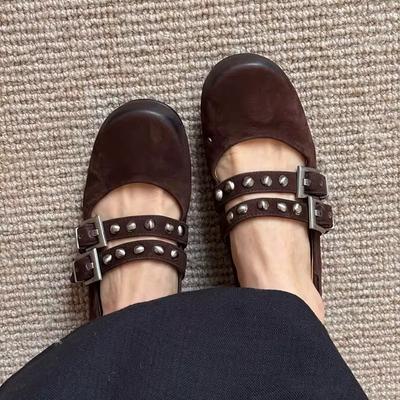 Sheepskin Version~ Stylish and Simple Rivet Double-breasted Shallow Mouth Single Shoes Women's Retro Leather Round Head Flat Mary Jane Shoes