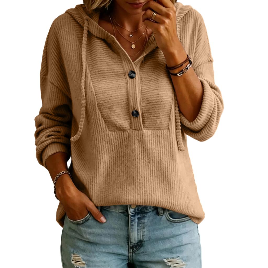 Women's Color V-Neck Long Sleeve Hooded Button Front Casual Top