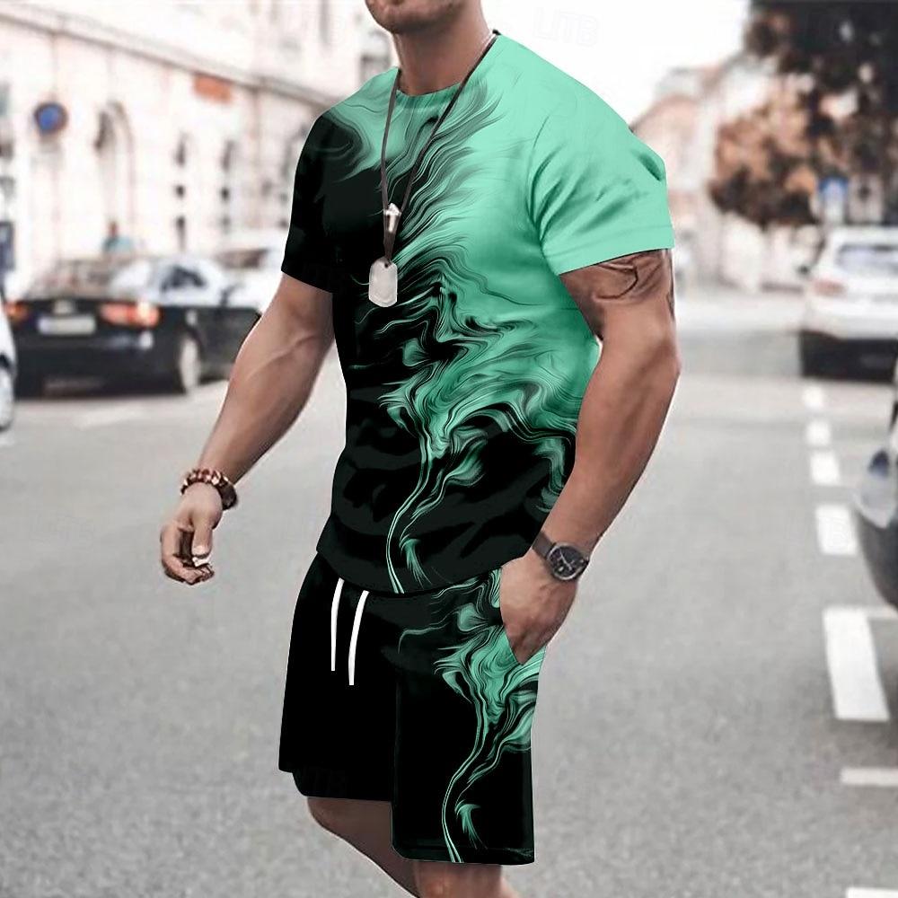 Men's splatter 2pcs Tees Summer Tops Short Sleeve Short Pants Crew Neck Sport sets