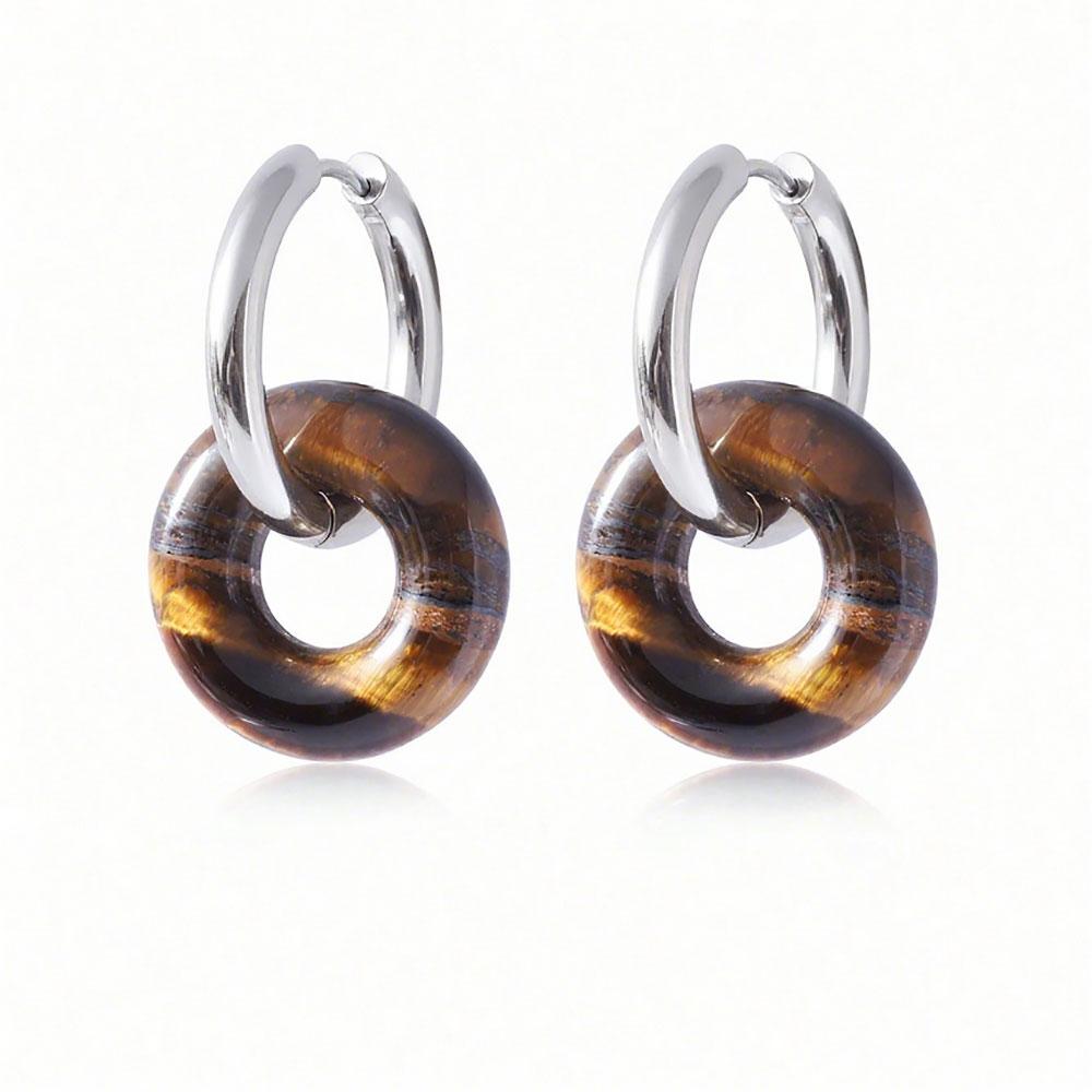 1pair Natural Stone Donut Shaped Stainless Steel Hoop Earrings Ladies Fashion Pink Crystal Agate Malachite Round Women Earrings