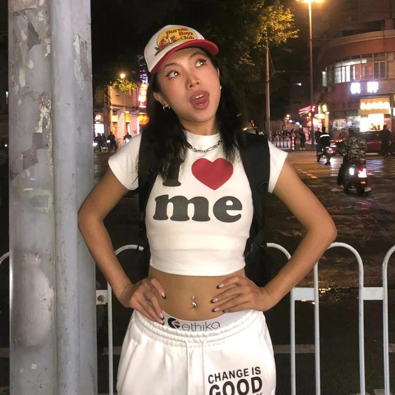 I Love ME Letters Print Y2K Harajuku Crop Top T-shirt Summer Women Clothes Sexy T-shirt Vintage 2000s Short Sleeve Crop Tops