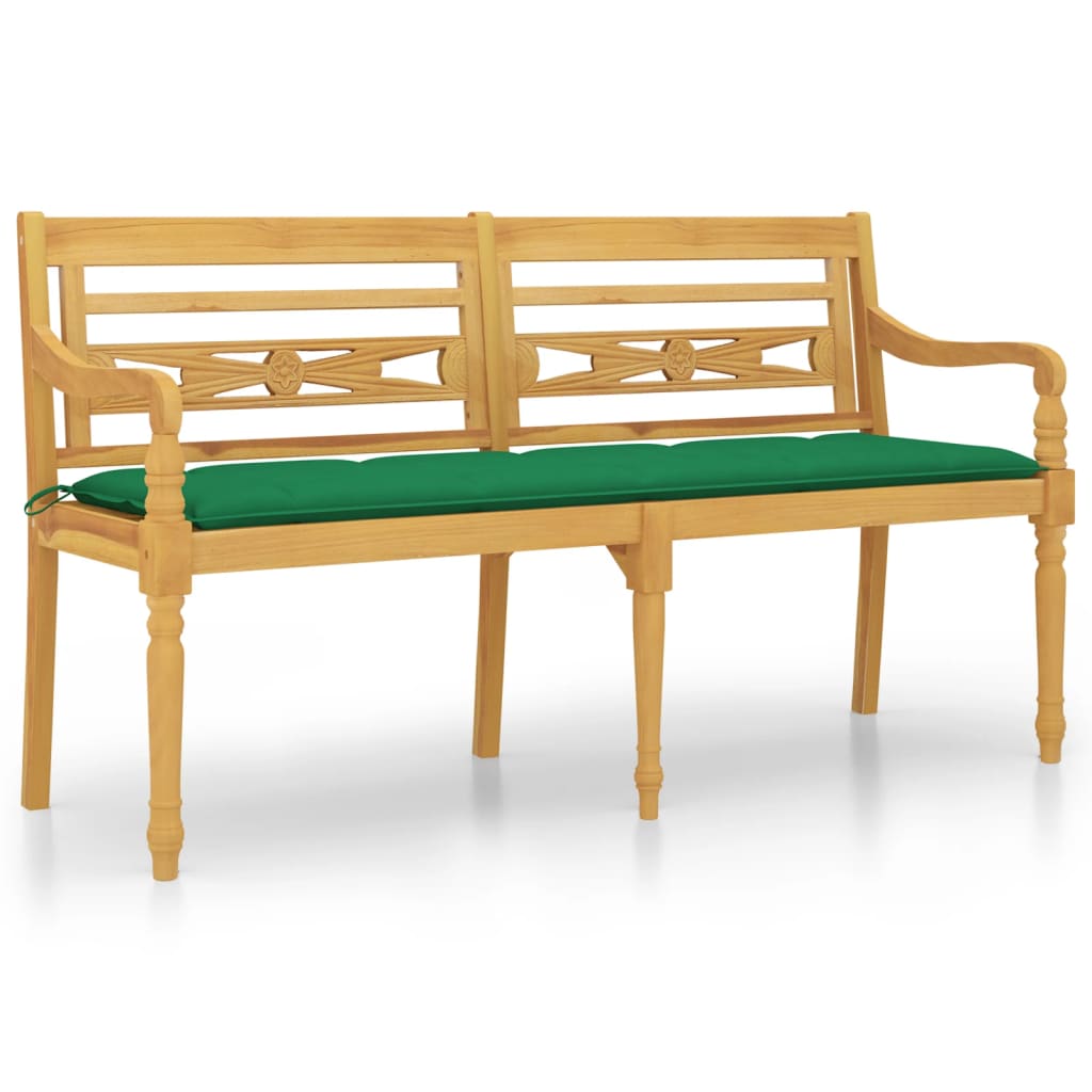 Vidaxl Ławka Batavia Z Zielona Poduszką, 150 Cm, Lite Drewno Tekowe