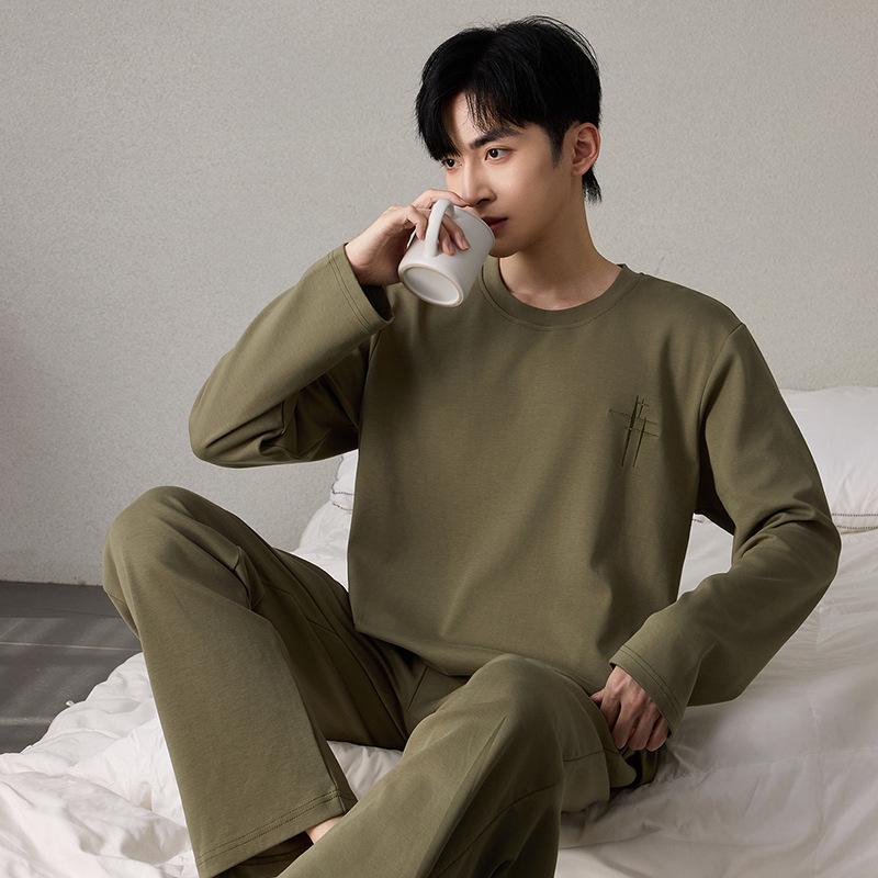 Men's 100% Pure Cotton Pajamas - Long Sleeve & Pants, Solid Color, Loose Fit, Two-Piece Set for Spring & Autumn Homewear.